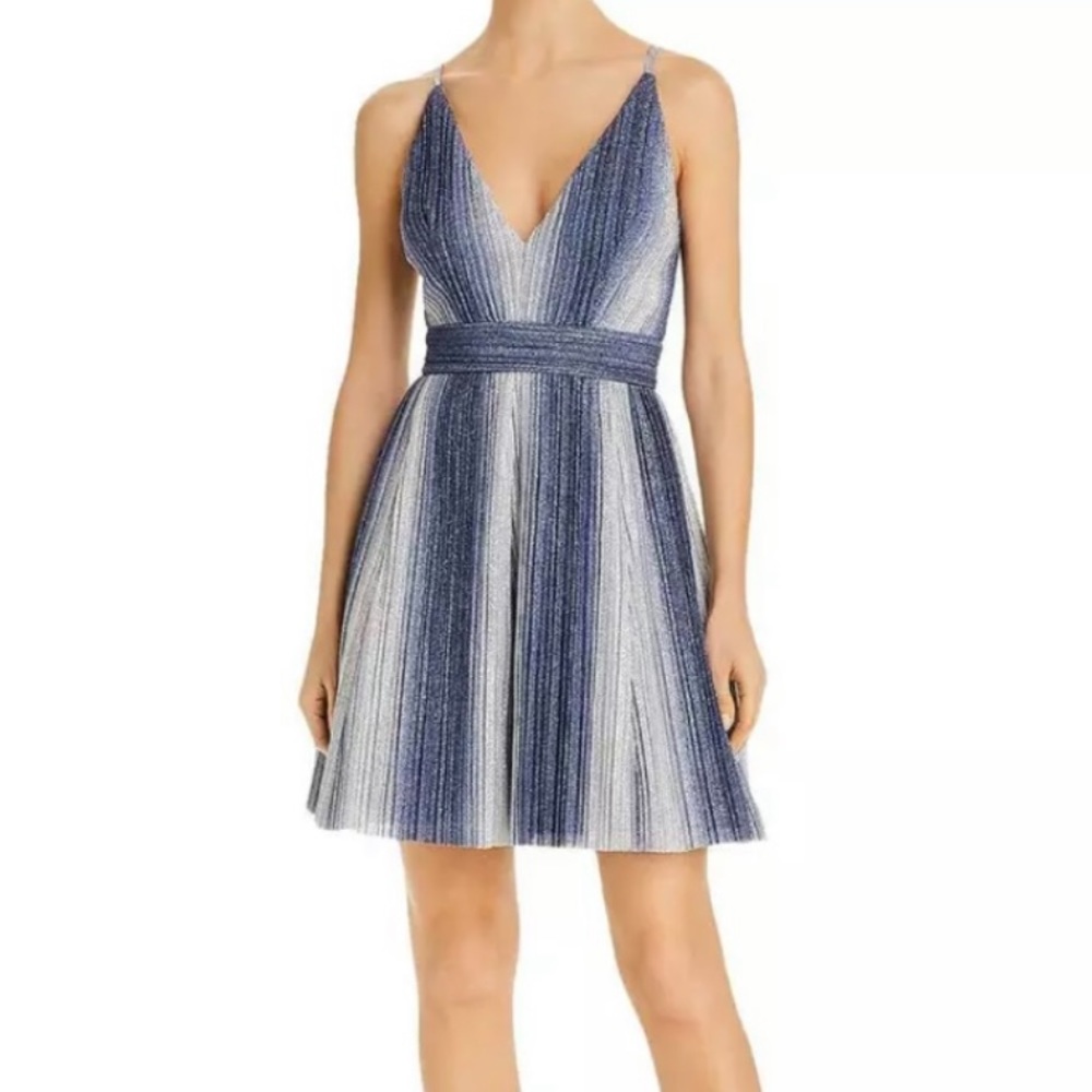 aqua ombre bling bling pleated v neck crisscross back dress